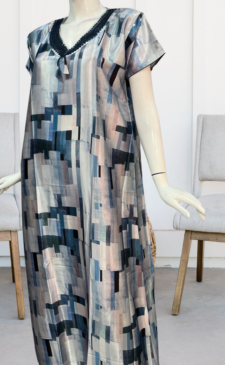 Light Blue/Blue Abstract Satin Nighty. Smooth Satin | Laces and Frills - Laces and Frills