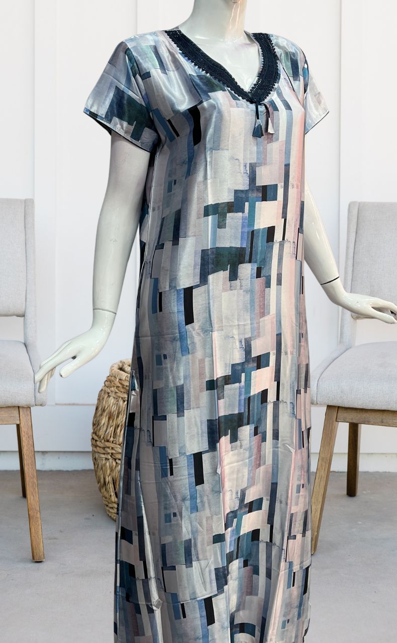 Light Blue/Blue Abstract Satin Nighty. Smooth Satin | Laces and Frills - Laces and Frills