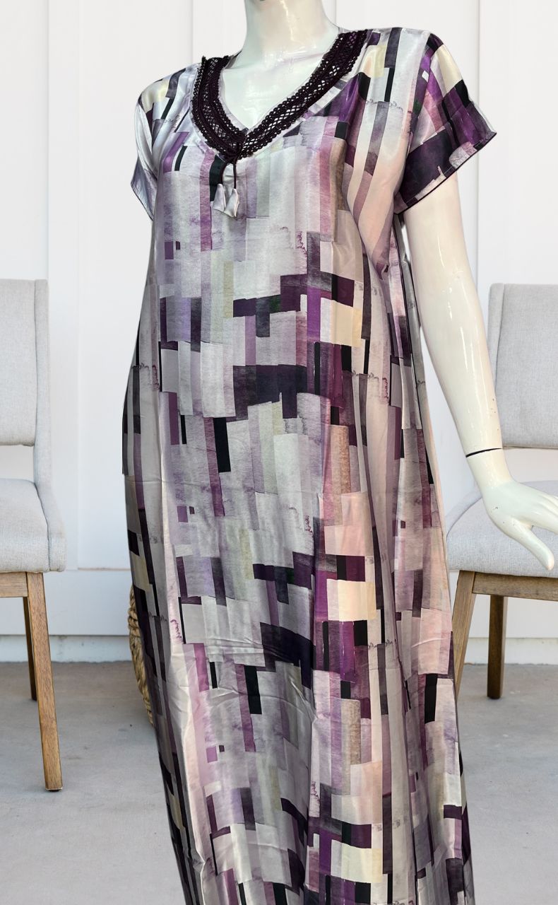 White/Lavender Abstract Satin Nighty. Smooth Satin | Laces and Frills - Laces and Frills