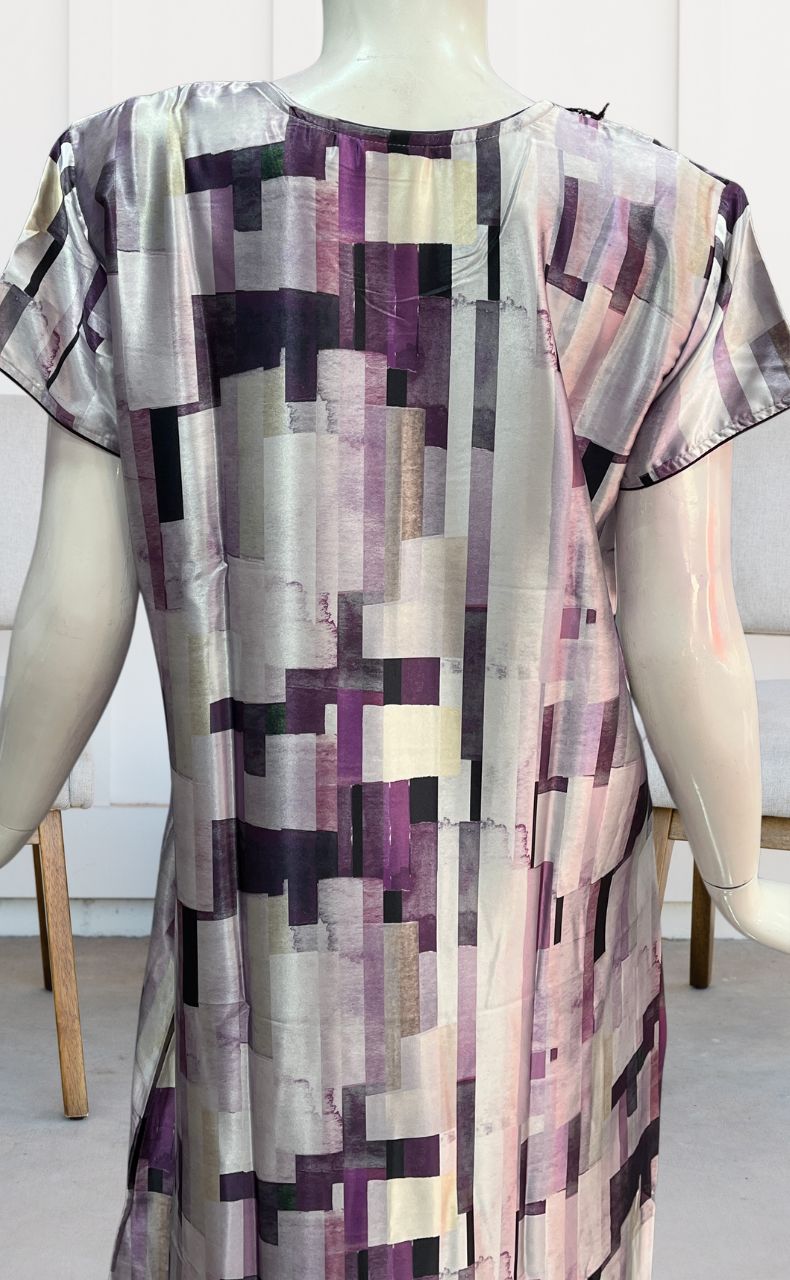 White/Lavender Abstract Satin Nighty. Smooth Satin | Laces and Frills - Laces and Frills