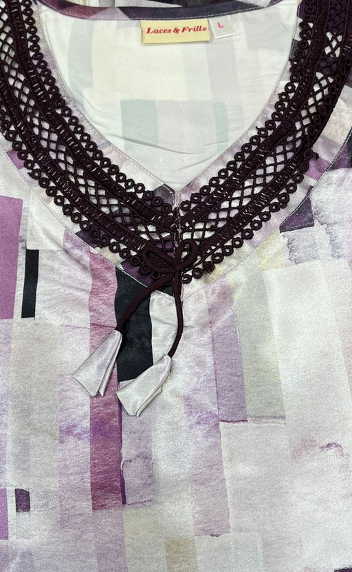 White/Lavender Abstract Satin Nighty. Smooth Satin | Laces and Frills - Laces and Frills