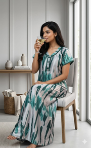 Grey/Sea Green Abstract Satin Nighty. Smooth Satin | Laces and Frills - Laces and Frills