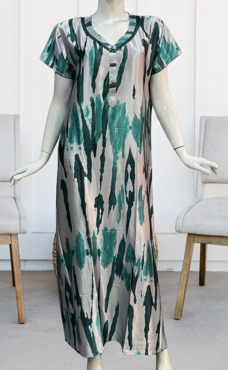 Grey/Sea Green Abstract Satin Nighty. Smooth Satin | Laces and Frills - Laces and Frills