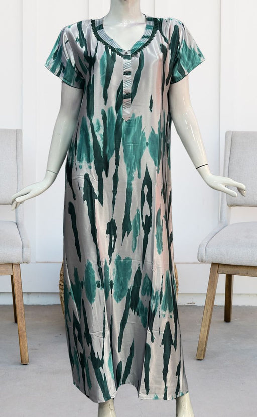 Grey/Sea Green Abstract Satin Nighty. Smooth Satin | Laces and Frills - Laces and Frills