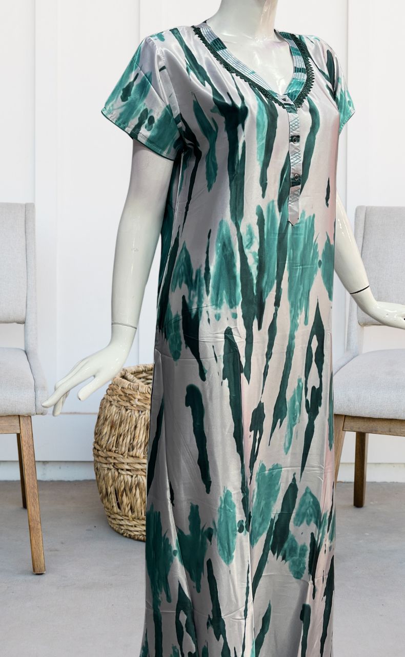 Grey/Sea Green Abstract Satin Nighty. Smooth Satin | Laces and Frills - Laces and Frills
