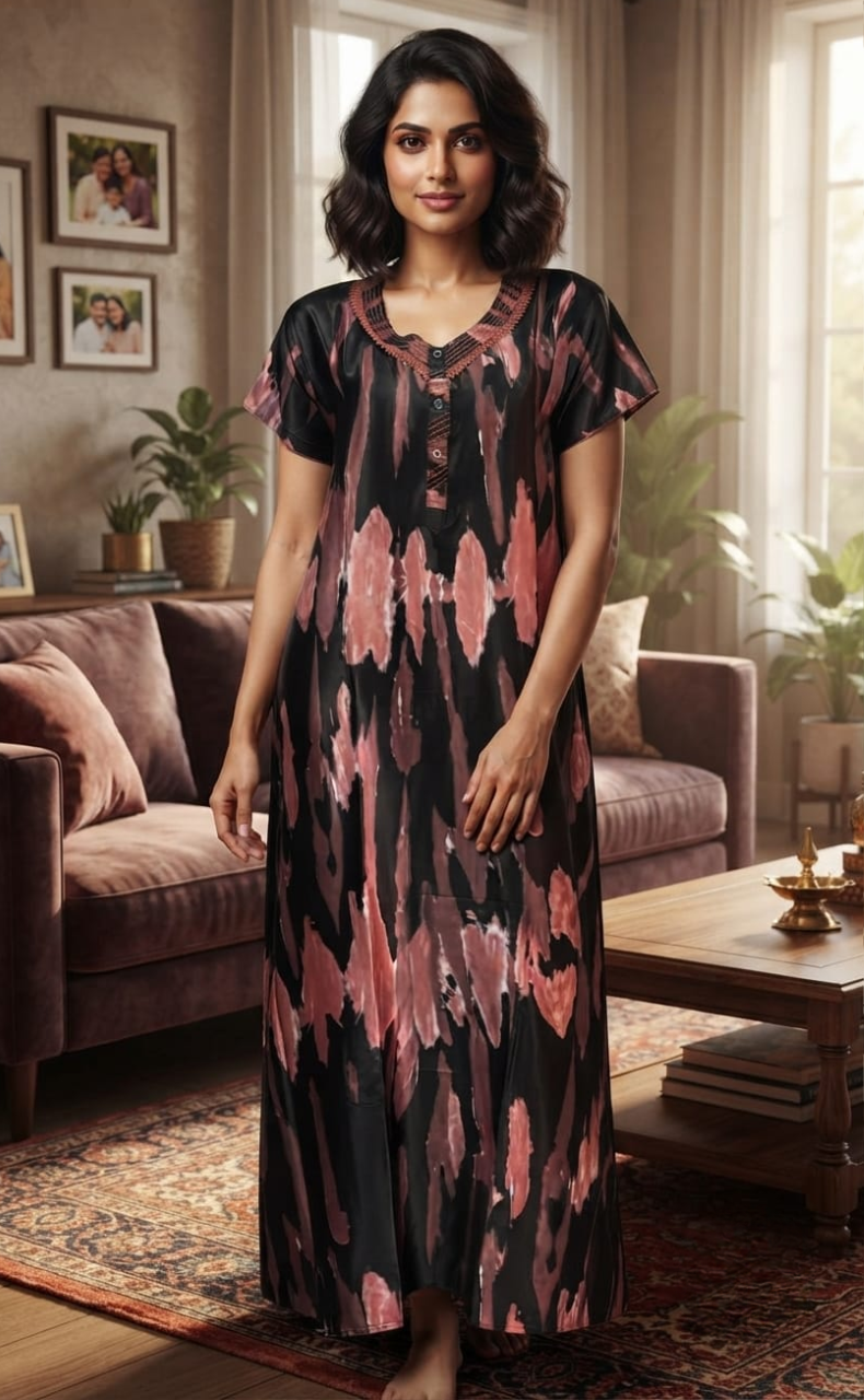 Peach/Black Abstract Satin Nighty. Smooth Satin | Laces and Frills