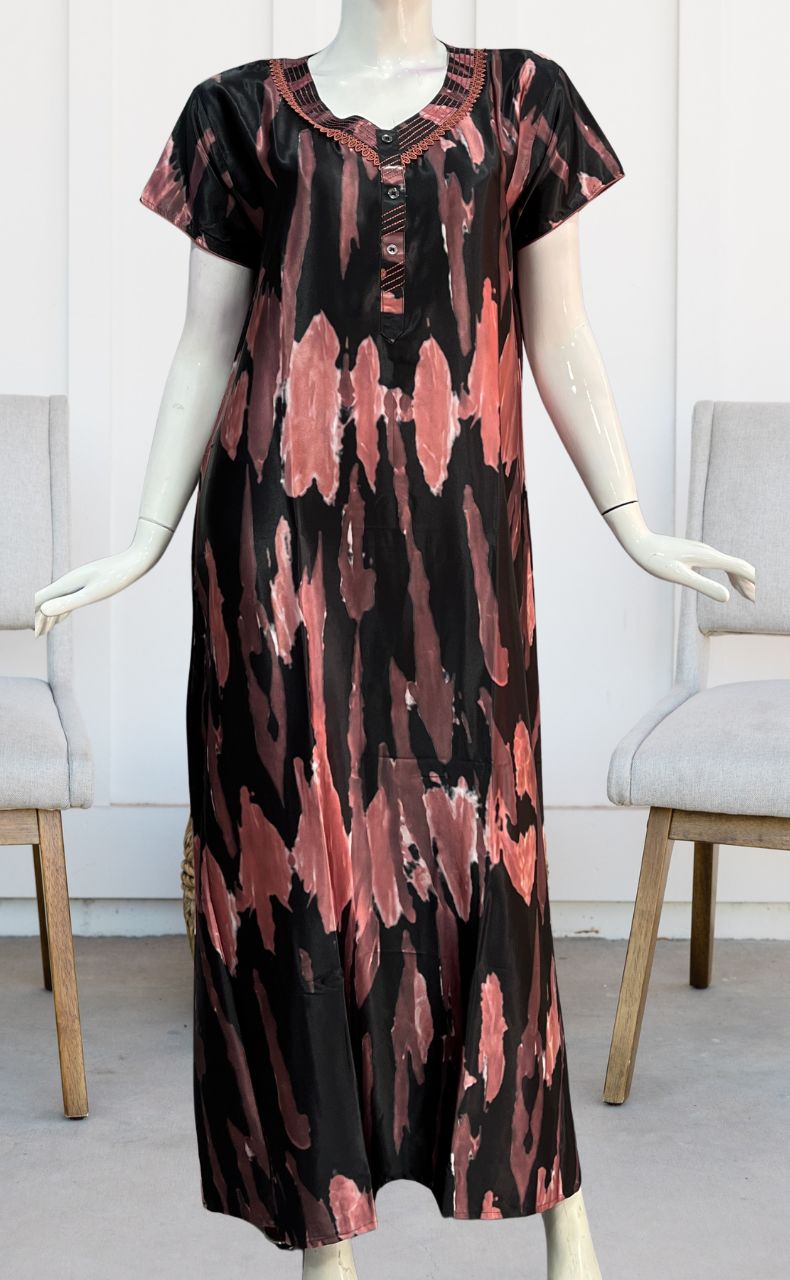 Peach/Black Abstract Satin Nighty. Smooth Satin | Laces and Frills - Laces and Frills