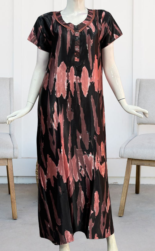Peach/Black Abstract Satin Nighty. Smooth Satin | Laces and Frills - Laces and Frills
