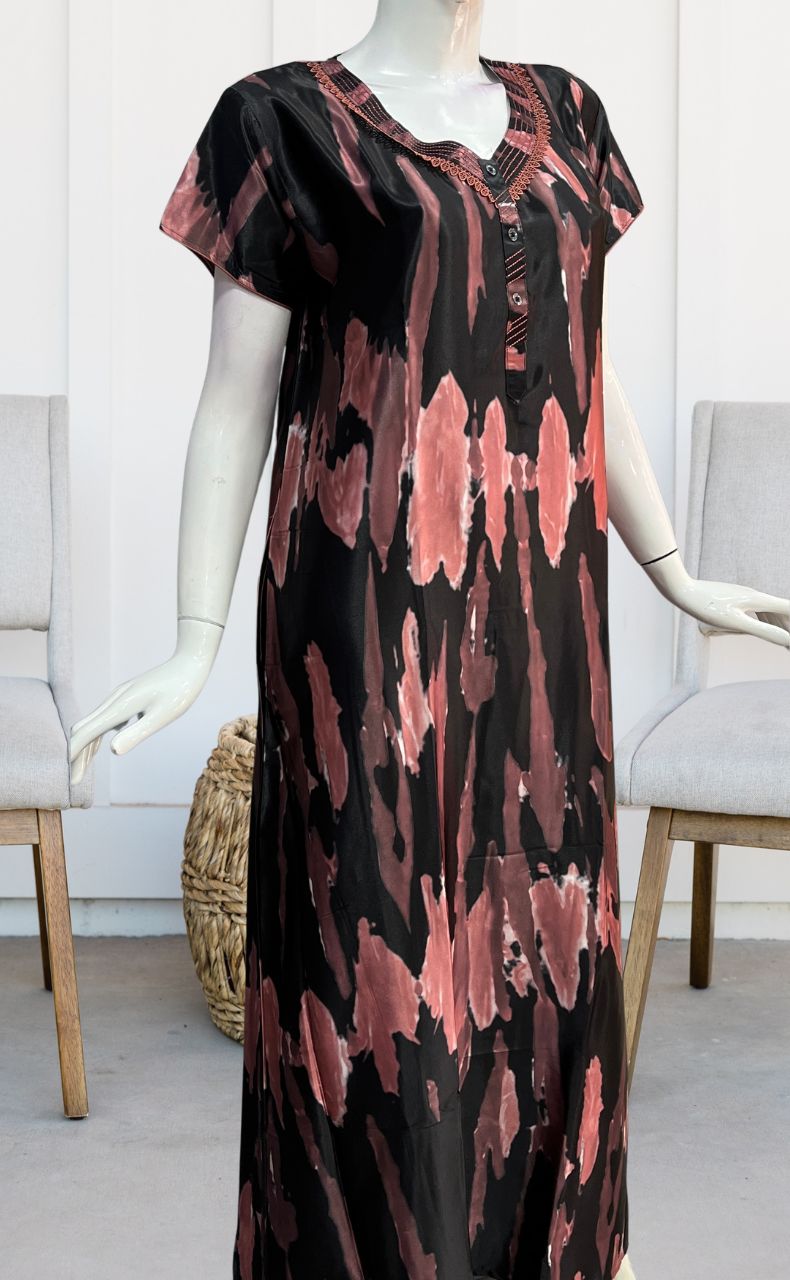 Peach/Black Abstract Satin Nighty. Smooth Satin | Laces and Frills - Laces and Frills