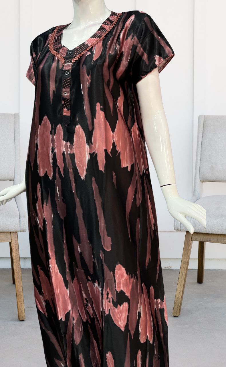 Peach/Black Abstract Satin Nighty. Smooth Satin | Laces and Frills - Laces and Frills