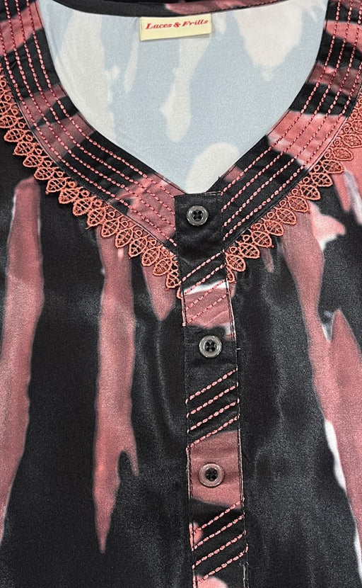 Peach/Black Abstract Satin Nighty. Smooth Satin | Laces and Frills - Laces and Frills