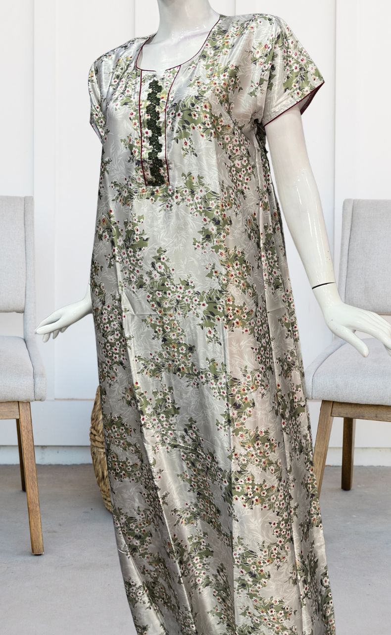 White/Green Garden Satin Nighty. Smooth Satin | Laces and Frills - Laces and Frills