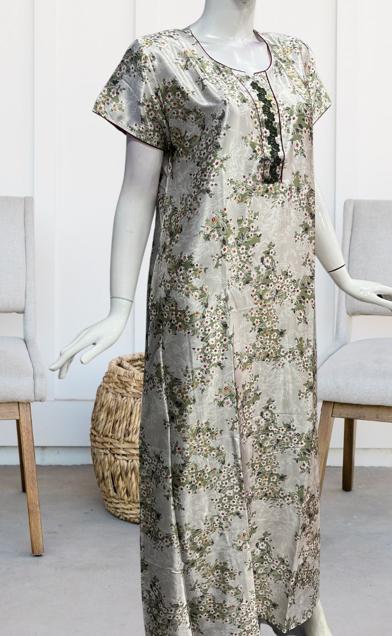 White/Green Garden Satin Nighty. Smooth Satin | Laces and Frills - Laces and Frills