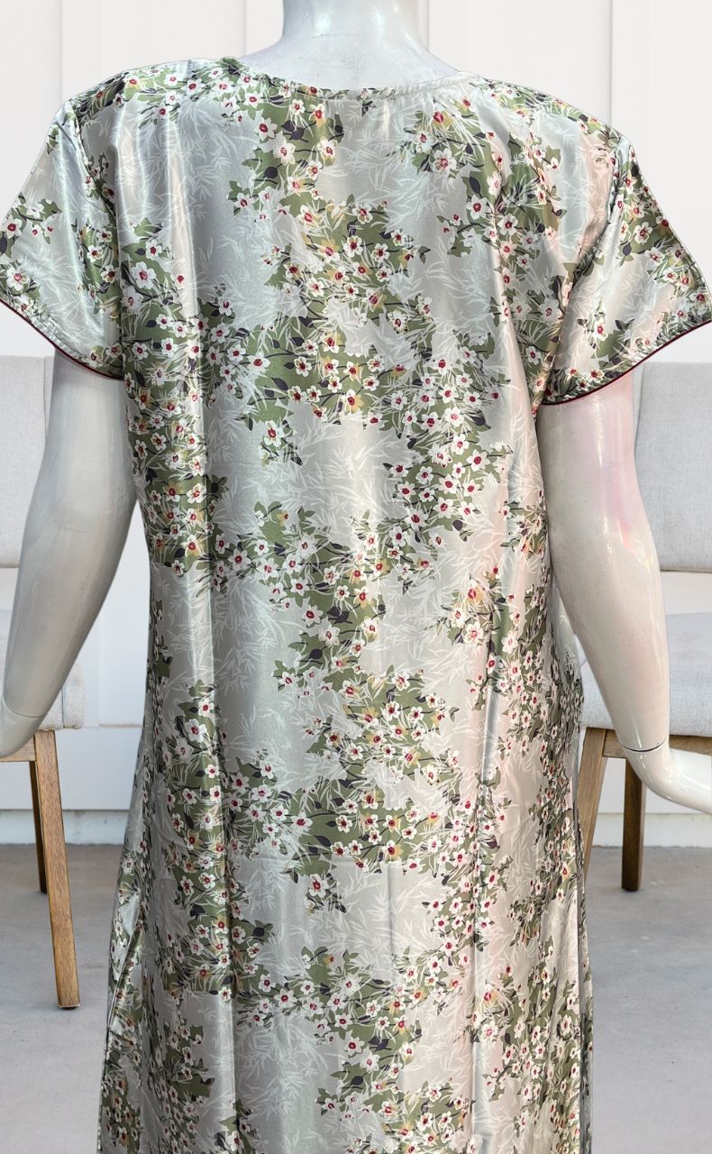 White/Green Garden Satin Nighty. Smooth Satin | Laces and Frills - Laces and Frills