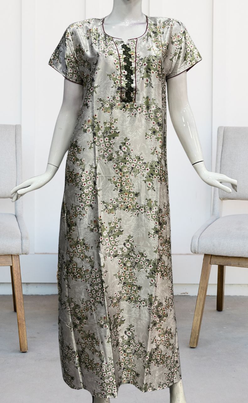 White/Green Garden Satin Nighty. Smooth Satin | Laces and Frills - Laces and Frills