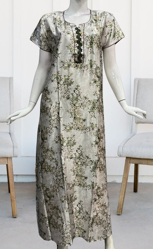 White/Green Garden Satin Nighty. Smooth Satin | Laces and Frills - Laces and Frills