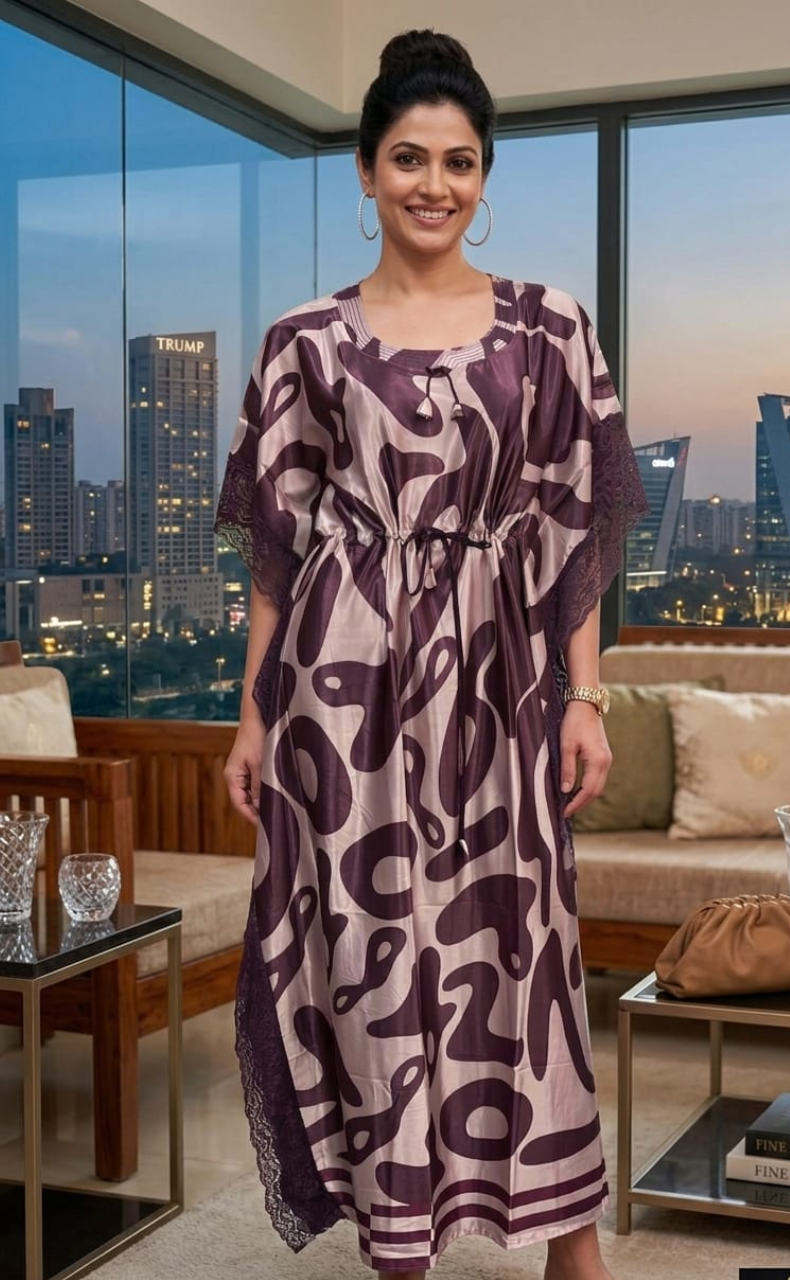 Light Pink/Wine Purple Abstract Satin Kaftan .Soft Silky Satin | Laces and Frills