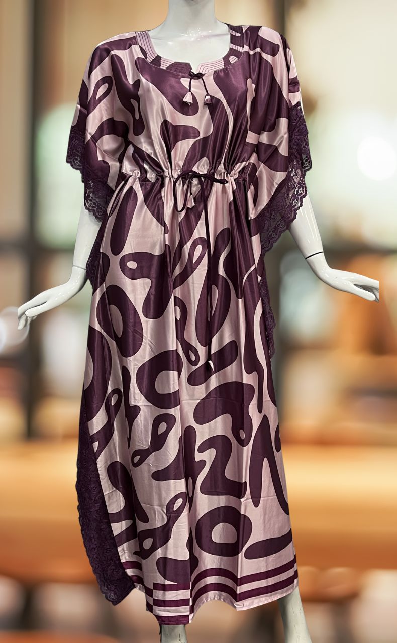 Light Pink/Wine Purple Abstract Satin Kaftan .Soft Silky Satin | Laces and Frills - Laces and Frills