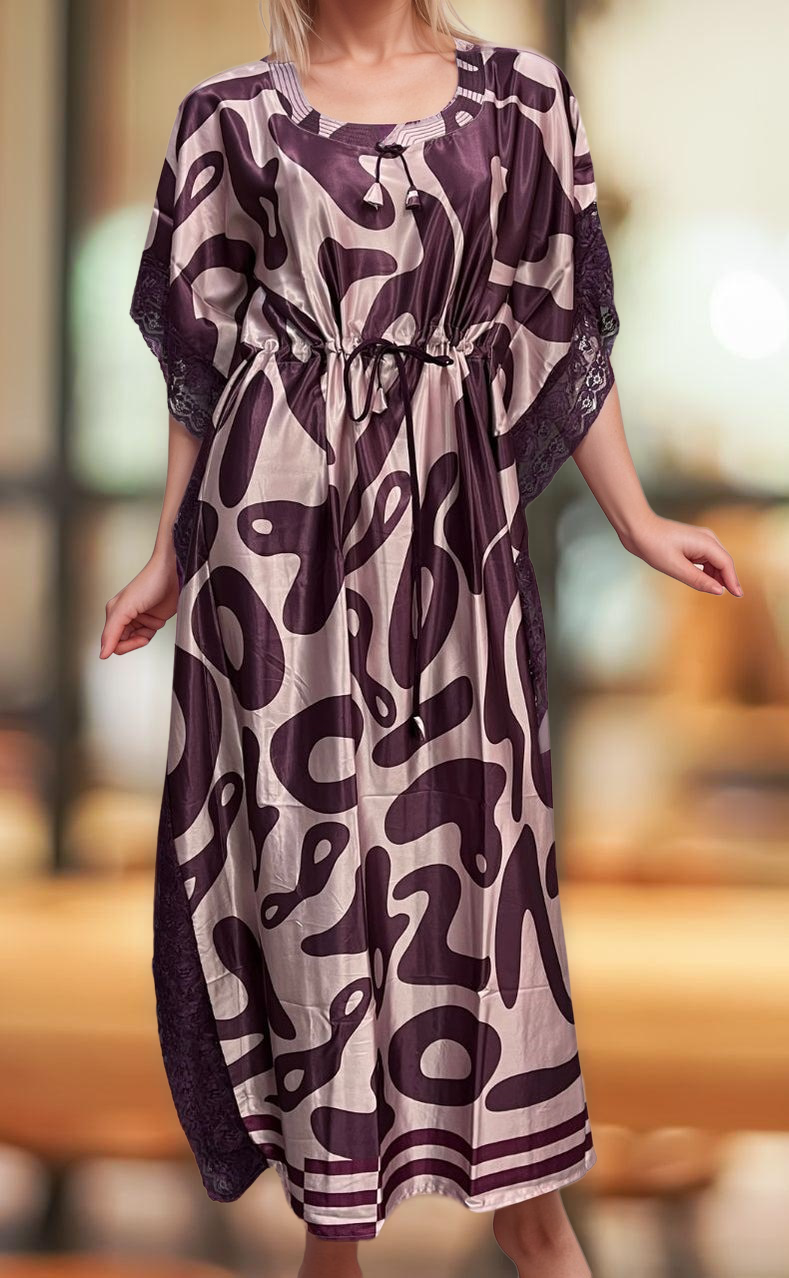 Light Pink/Wine Purple Abstract Satin Kaftan .Soft Silky Satin | Laces and Frills - Laces and Frills