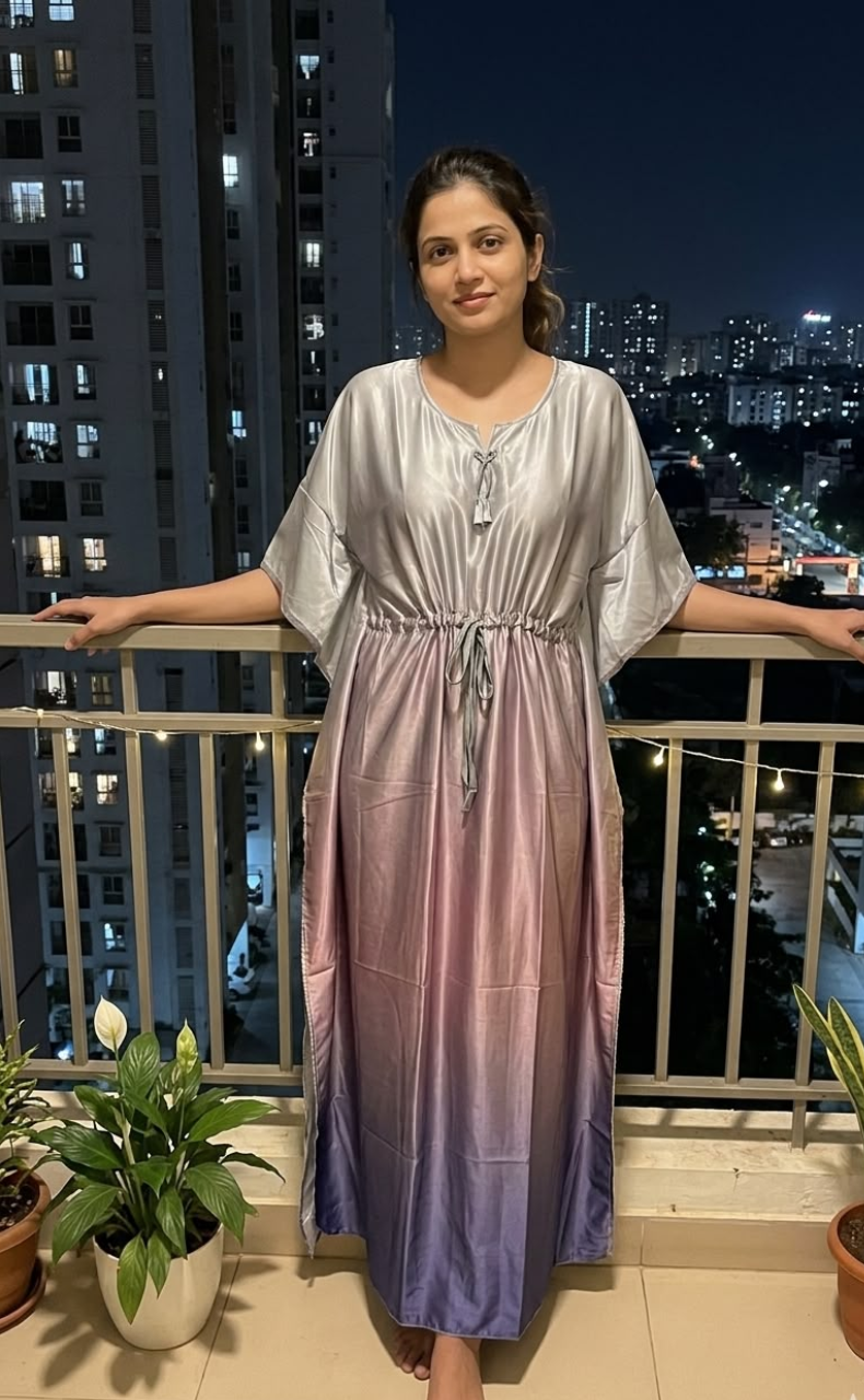 Light Pink/Lavender Satin Kaftan .Soft Silky Satin | Laces and Frills