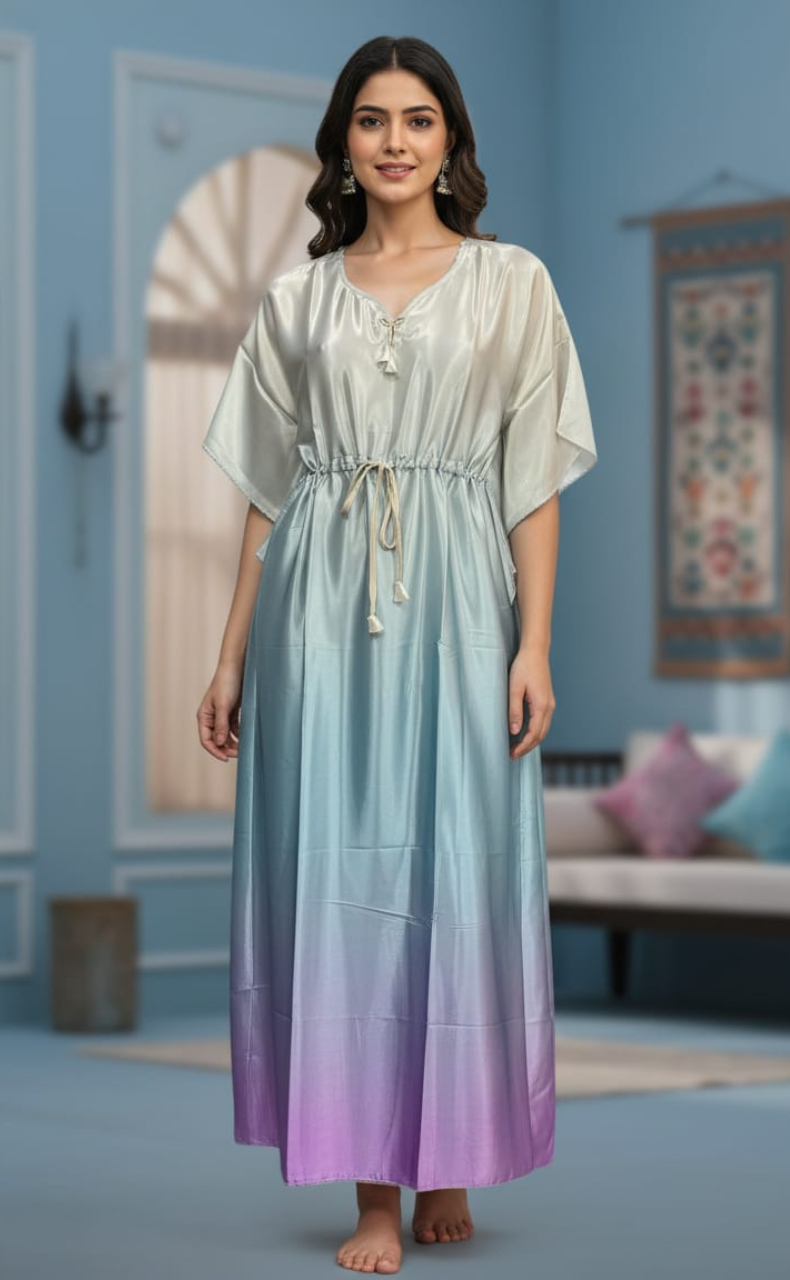 Cream/Sea Green Satin Kaftan .Soft Silky Satin | Laces and Frills