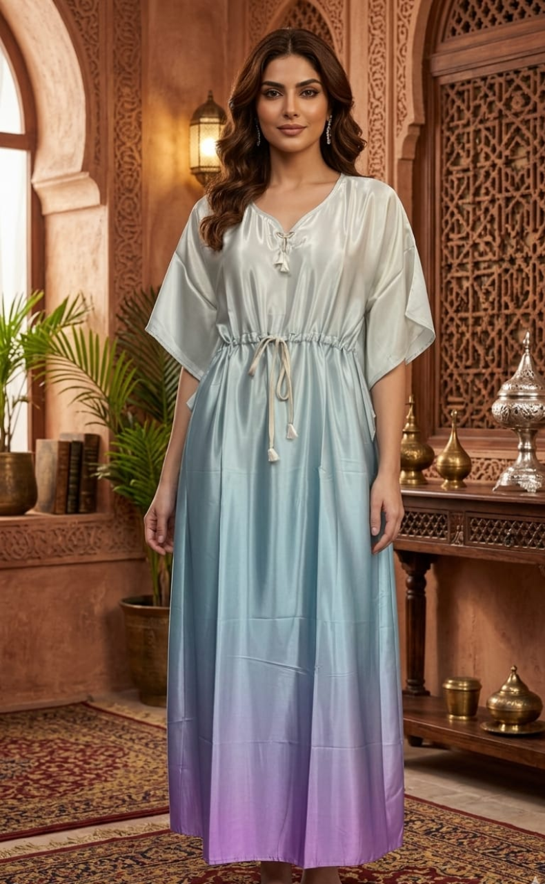 Cream/Sea Green Satin Kaftan .Soft Silky Satin | Laces and Frills