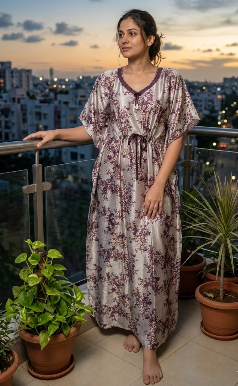 Light Pink/Beetroot Pink Garden Satin Kaftan .Soft Silky Satin | Laces and Frills