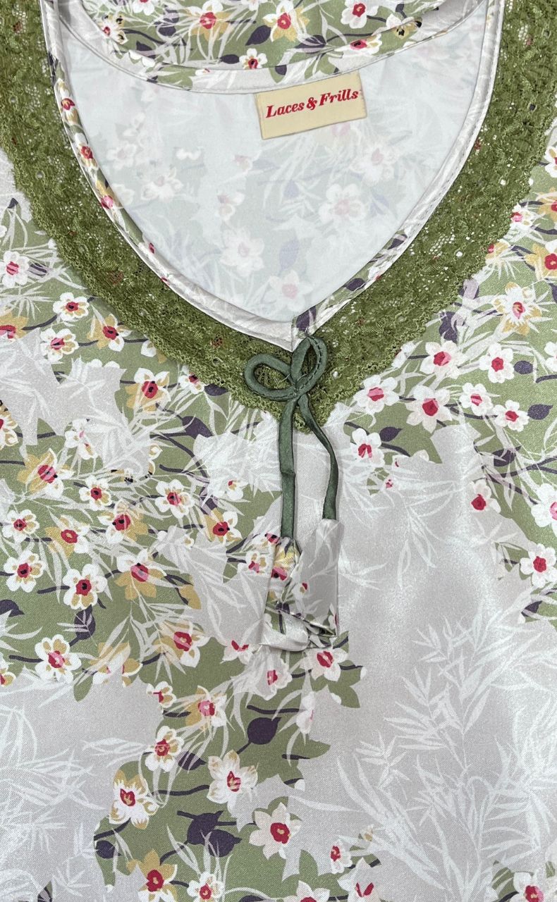 White/Green Garden Satin Kaftan .Soft Silky Satin | Laces and Frills - Laces and Frills