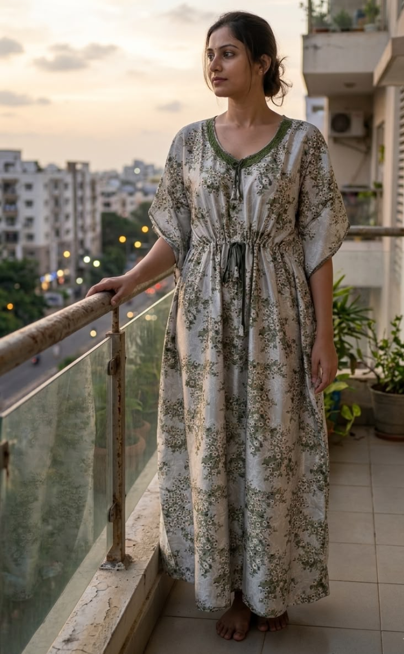 White/Green Garden Satin Kaftan .Soft Silky Satin | Laces and Frills