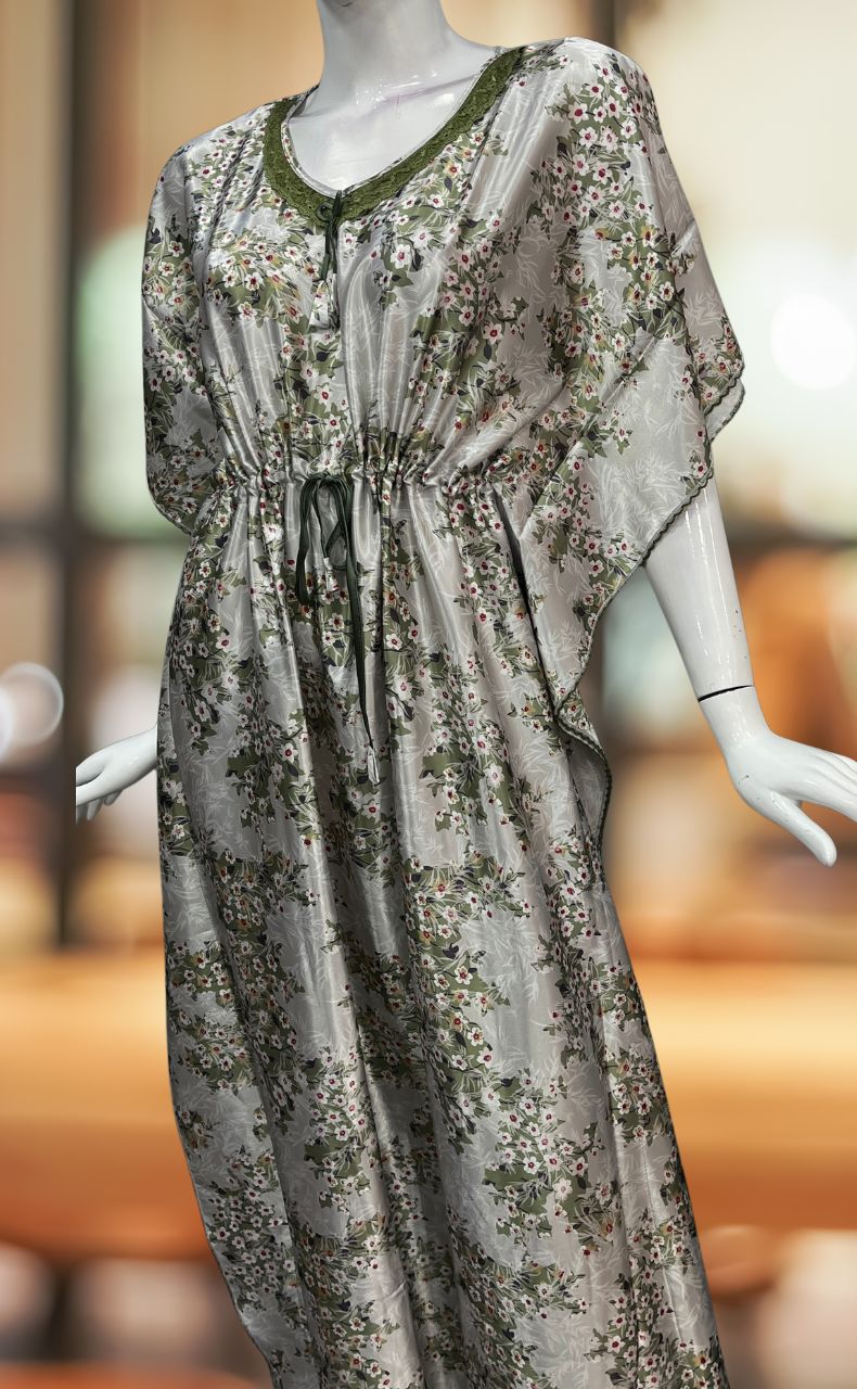 White/Green Garden Satin Kaftan .Soft Silky Satin | Laces and Frills - Laces and Frills