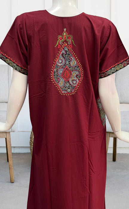 Maroon Embroidery Nighty. Soft Breathable Fabric | Laces and Frills - Laces and Frills