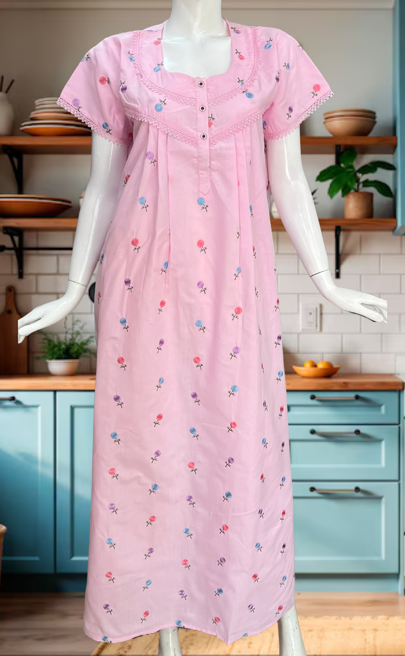 Baby Pink Chikankari Boutique Cotton Nighty. Boutique Cotton | Laces and Frills - Laces and Frills
