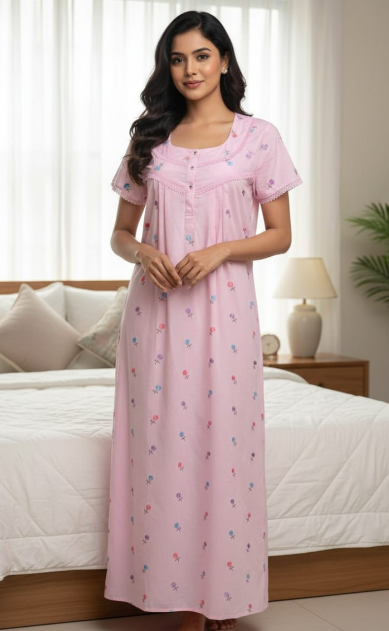 Baby Pink Chikankari Boutique Cotton Nighty. Boutique Cotton | Laces and Frills