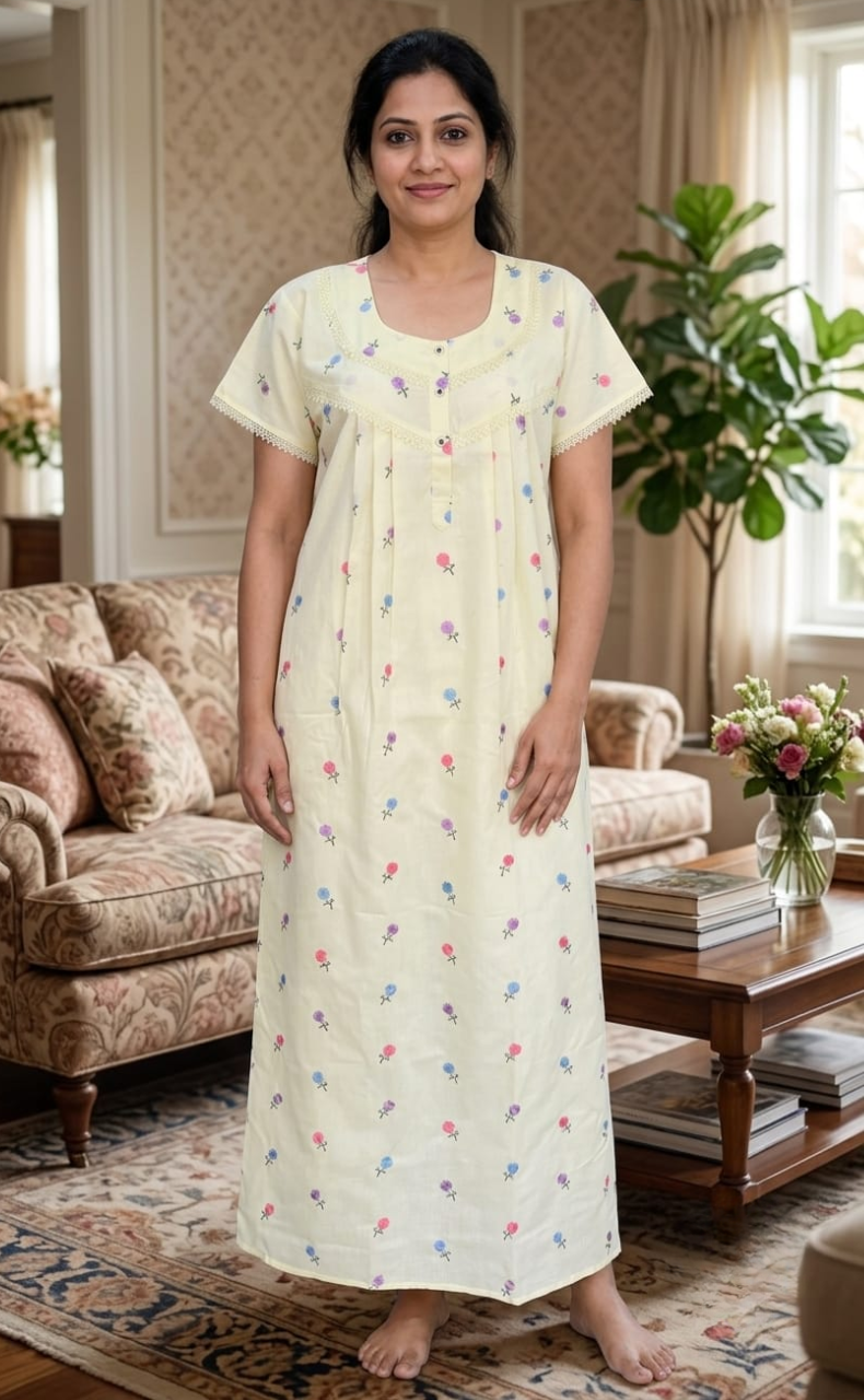 Yellow Chikankari Boutique Cotton Nighty. Boutique Cotton | Laces and Frills