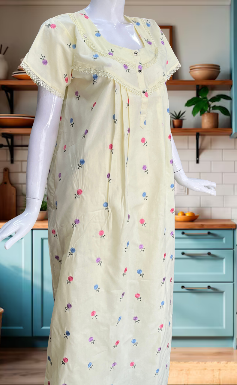Yellow Chikankari Boutique Cotton Nighty. Boutique Cotton | Laces and Frills - Laces and Frills