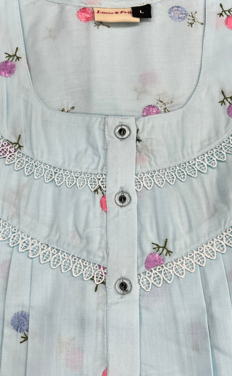 Light Blue Chikankari Boutique Cotton Nighty. Boutique Cotton | Laces and Frills - Laces and Frills