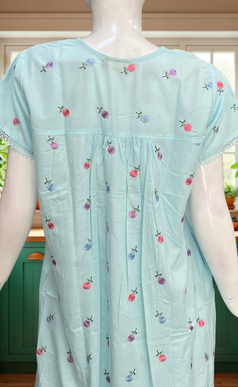 Light Blue Chikankari Boutique Cotton Nighty. Boutique Cotton | Laces and Frills - Laces and Frills