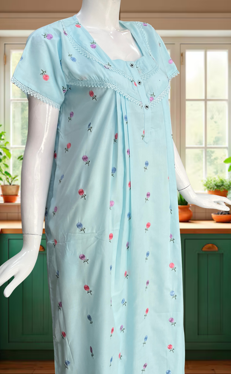 Light Blue Chikankari Boutique Cotton Nighty. Boutique Cotton | Laces and Frills - Laces and Frills