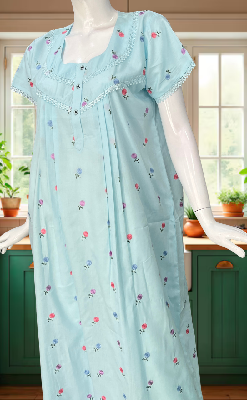 Light Blue Chikankari Boutique Cotton Nighty. Boutique Cotton | Laces and Frills - Laces and Frills
