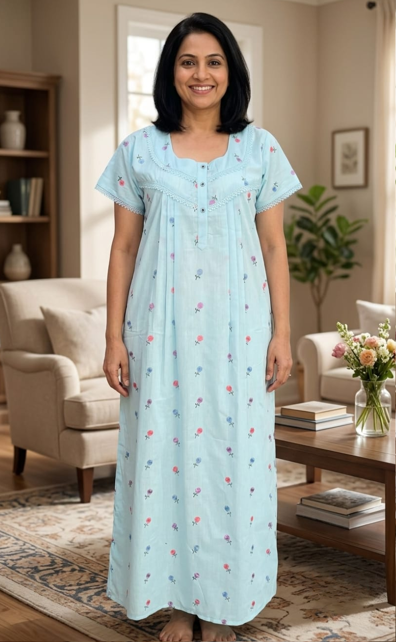Light Blue Chikankari Boutique Cotton Nighty. Boutique Cotton | Laces and Frills
