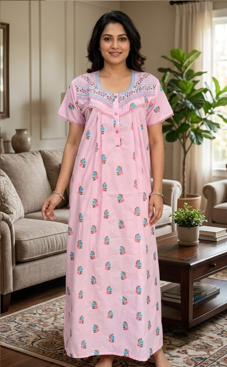 Pink Chikankari Boutique Cotton Nighty. Boutique Cotton | Laces and Frills