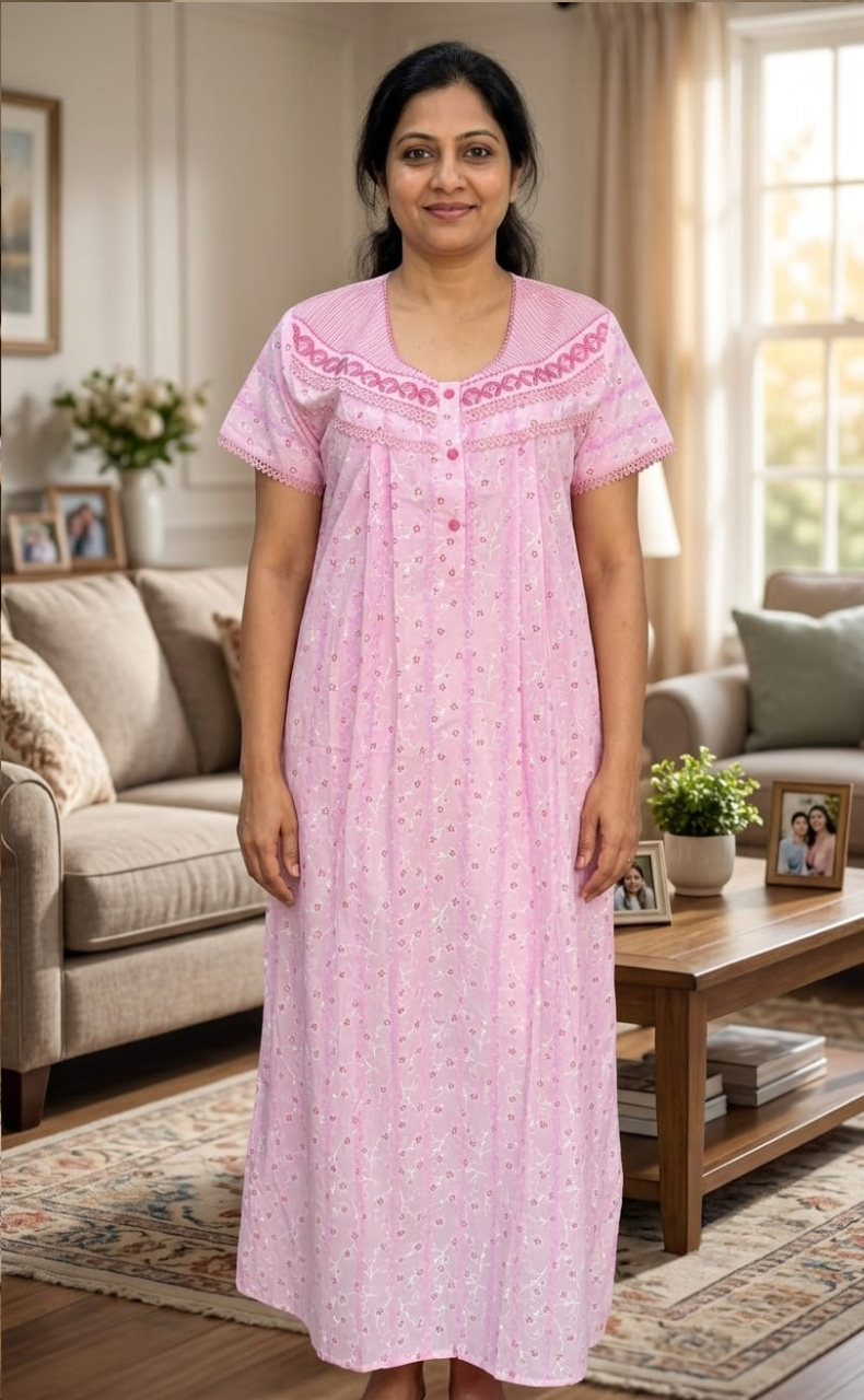 Pink Chikankari Boutique Cotton Nighty. Boutique Cotton | Laces and Frills