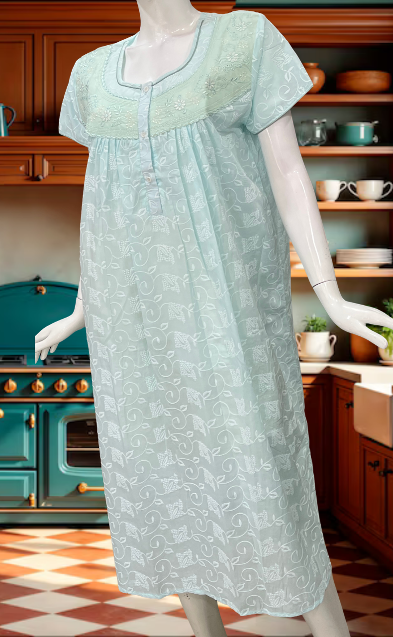 Light Sea Green Chikankari Boutique Cotton Nighty. Boutique Cotton | Laces and Frills - Laces and Frills