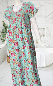 Sea Green Garden Smocking Soft Cotton Nighty. Soft Breathable Fabric | Laces and Frills