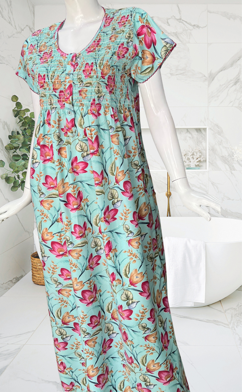 Sea Green Garden Smocking Soft Cotton Nighty. Soft Breathable Fabric | Laces and Frills