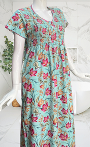 Sea Green Garden Smocking Soft Cotton Nighty. Soft Breathable Fabric | Laces and Frills