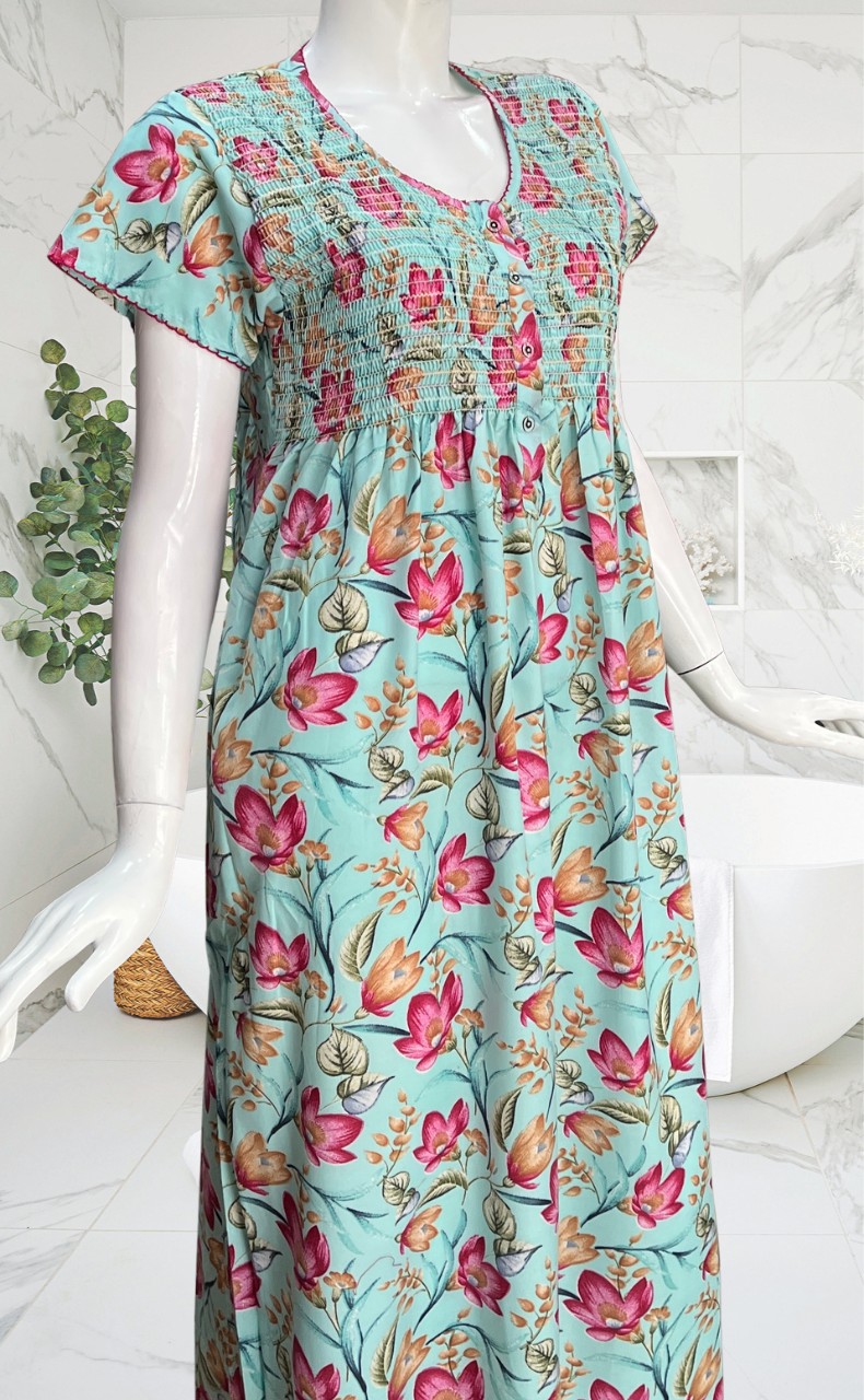 Sea Green Garden Smocking Soft Cotton Nighty. Soft Breathable Fabric | Laces and Frills