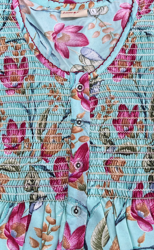 Sea Green Garden Smocking Soft Cotton Nighty. Soft Breathable Fabric | Laces and Frills