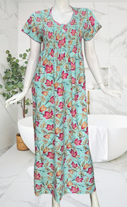 Sea Green Garden Smocking Soft Cotton Nighty. Soft Breathable Fabric | Laces and Frills