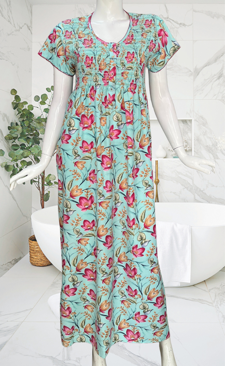 Sea Green Garden Smocking Soft Cotton Nighty. Soft Breathable Fabric | Laces and Frills